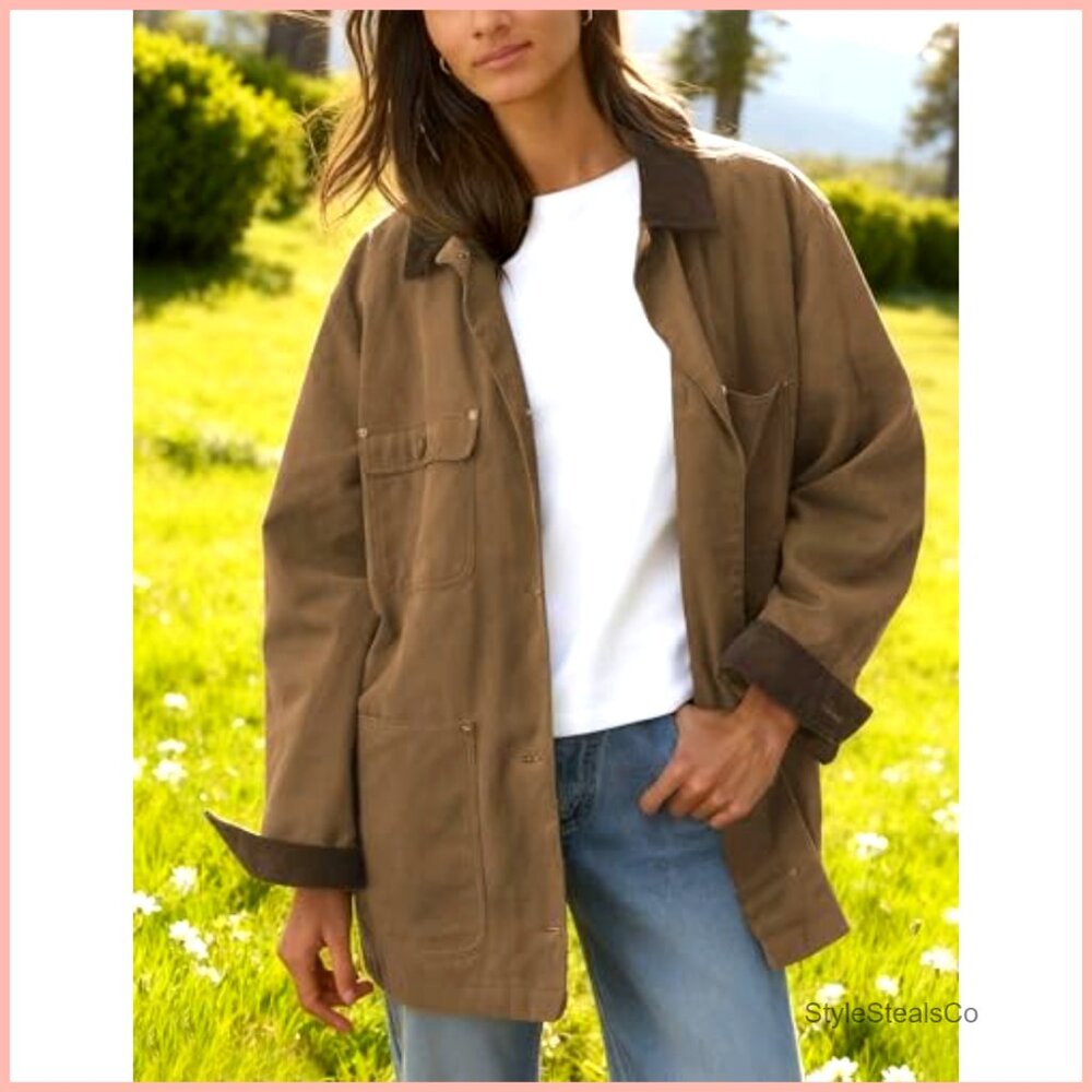 Oversized Cotton Barn Jacket with Corduroy Collar and Pockets - Picture 4 of 7